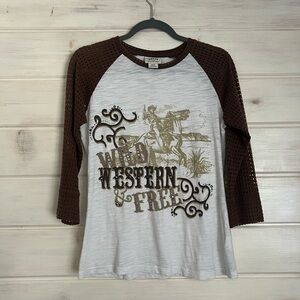 Ariat Wild Western Cowgirl Shirt Women Size Medium Brown Eyelet Sleeves Beige